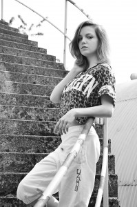 Outside on stairs